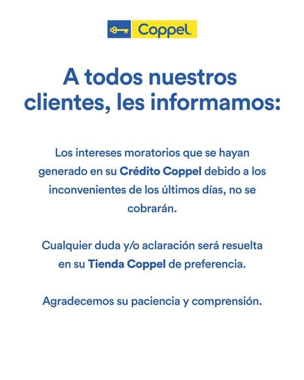 Coppel hace anuncio sobre los intereses moratorios tras la caída del sistema