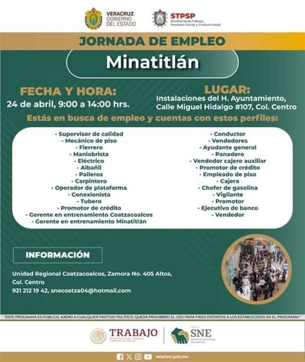 Harán feria del empleo en Minatitlán; ¿Cuándo y dónde?