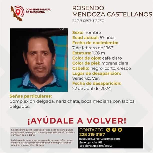 Piden ayuda para encontrar a Rosendo Mendoza desaparecido en Veracruz