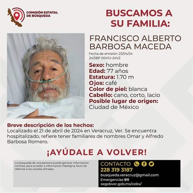 Piden ayuda para localizar en CDMX a familiares de adulto mayor hospitalizado en Veracruz