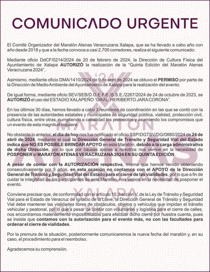 ¿Cancelan el Maratón Atenas Veracruzana 2024 en Xalapa?