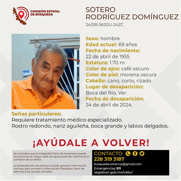 Buscan a Sotero Rodríguez Domínguez desaparecido en Boca del Río