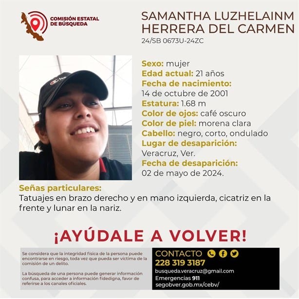 Desaparece Samantha Luzhelainm de 21 años en la ciudad de Veracruz