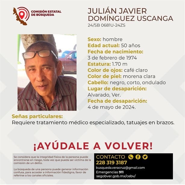 Desaparece Julián Javier Domínguez en Alvarado; requiere atención médica