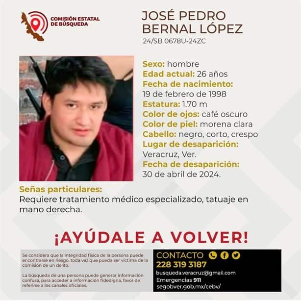Buscan a José Pedro Bernal López, desapareció en la ciudad de Veracruz; requiere atención médica