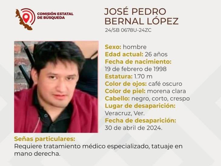 Buscan a José Pedro Bernal López, desapareció en la ciudad de Veracruz; requiere atención médica