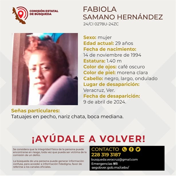 Comisión Estatal de Búsqueda de Veracruz reporta desaparición de mujer de 29 años