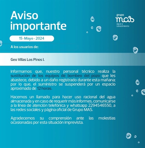 Esta colonia de Veracruz no tendrá agua por 12 horas, informa Grupo MAS