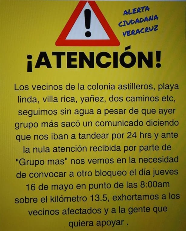 Alertan por nuevo bloqueo en Veracruz por falta de agua; esta zona será un caos