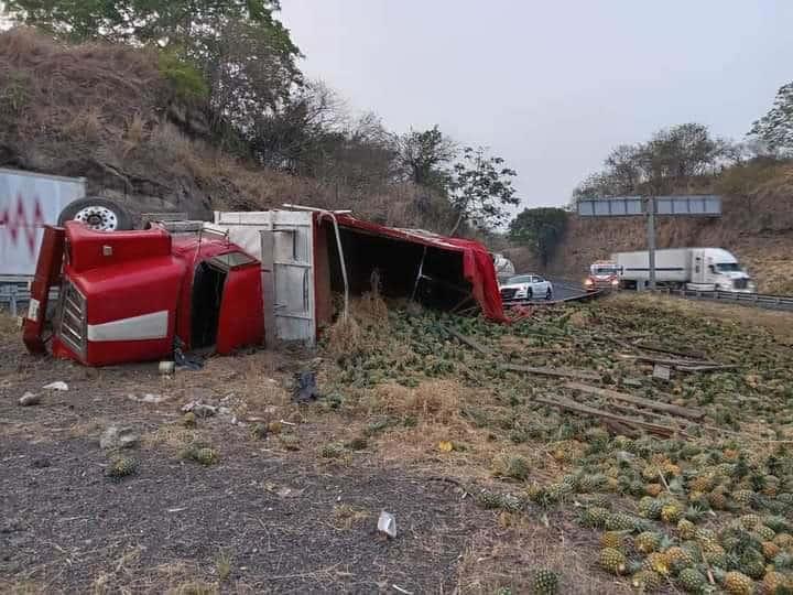 Vuelca tráiler cargado con toneladas de piña en autopista La Tinaja-Veracruz