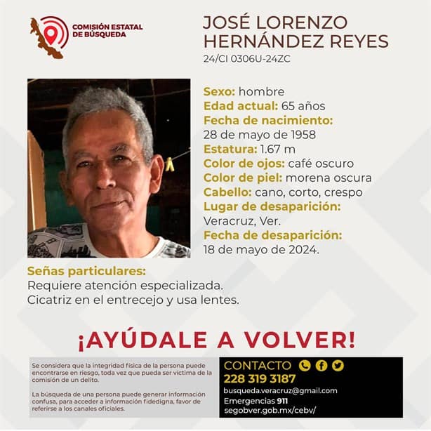Ayúdanos a localizar a José Lorenzo, requiere atención médica especial