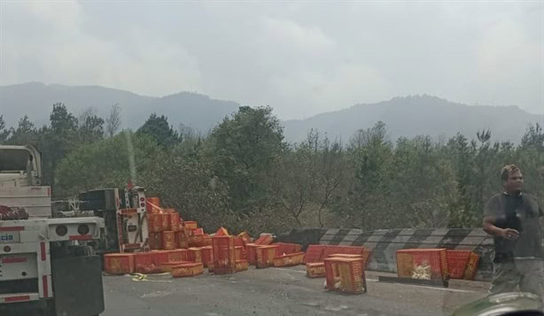 Rapiñeros saquean tráiler volcado con cajas con pollos en Cumbres de Maltrata