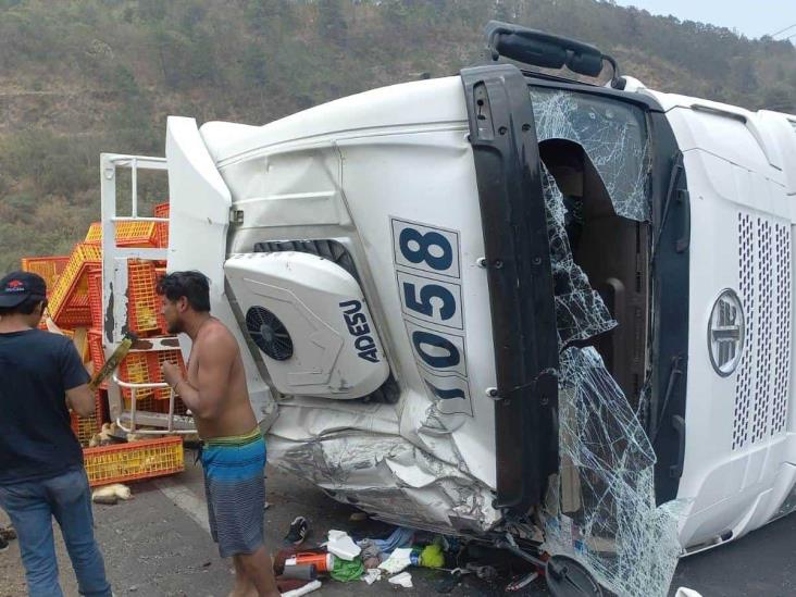 Rapiñeros saquean tráiler volcado con cajas con pollos en Cumbres de Maltrata