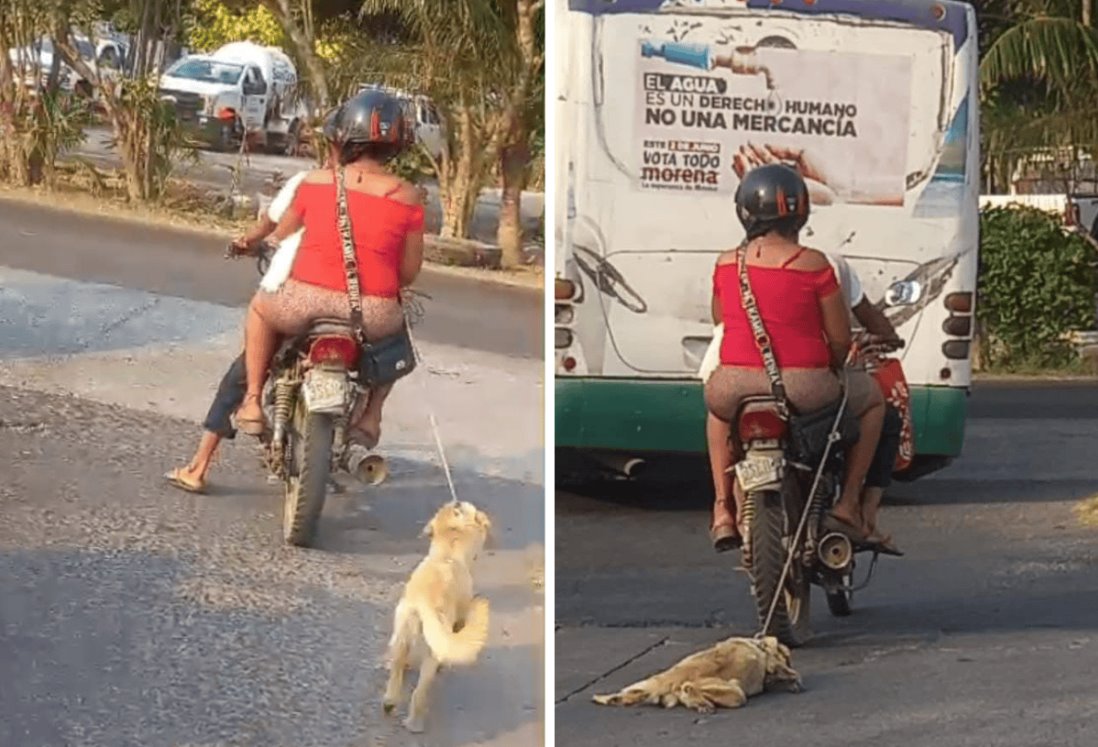 Pareja en moto arrastra a perrito con una cuerda en Medellín de Bravo