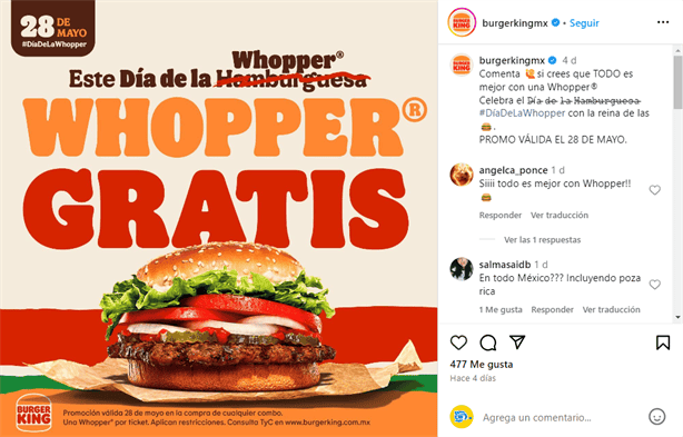 Burger King tendrá hamburguesa GRATIS hoy, así puedes conseguirla