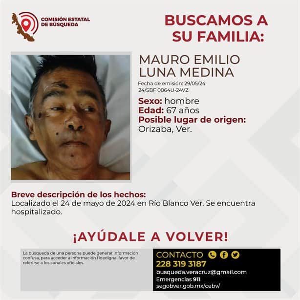 Piden ayuda para localizar a la familia de hombre de 67 años que está hospitalizado en Veracruz
