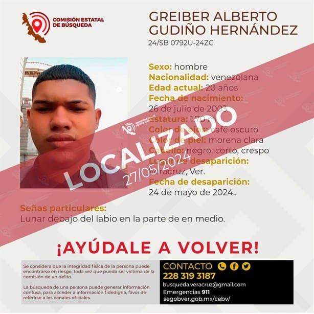 Localizan con vida a Greiber, venezolano desaparecido en Veracruz
