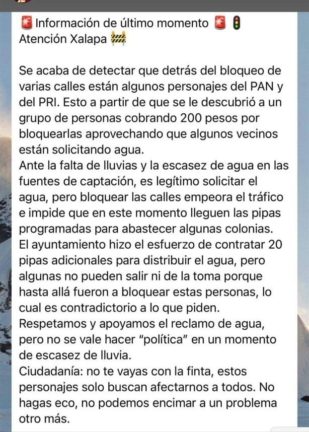 Ven mano negra del PAN y PRI tras bloqueos por desabasto de agua en Xalapa