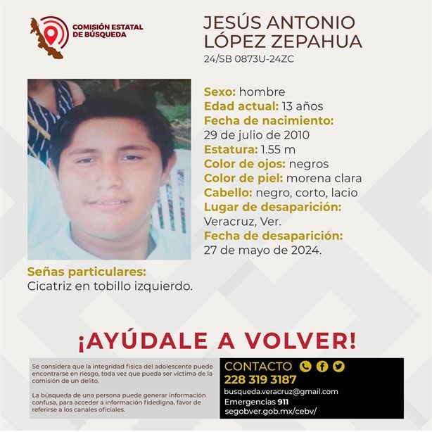 Desaparece en Veracruz el adolescente Jesús Antonio López Zepahua