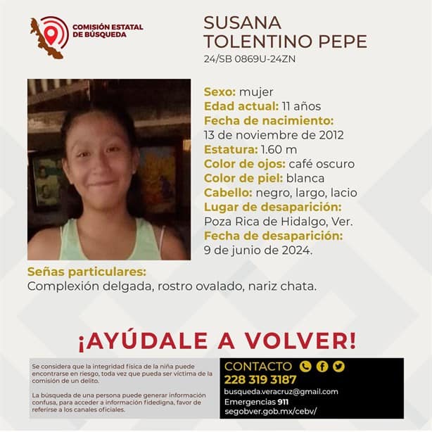 En Poza Rica, piden ayuda para encontrar a Susana Tolentino Pepe; tiene 11 años