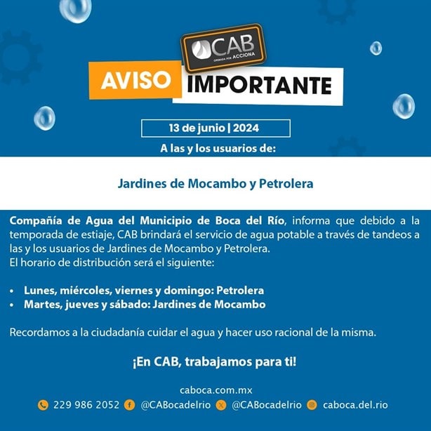 Así será el tandeo de agua en colonias de Boca del Río