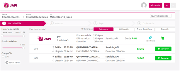 Este es el precio de un boleto de Japi desde Coatzacoalcos a CDMX