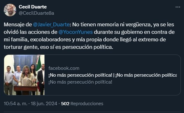 Yunes no tiene memoria ni vergüenza: Javier Duarte