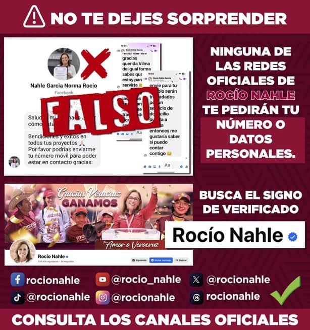 Desmiente Rocío Nahle solicitar información a través de sus redes oficiales