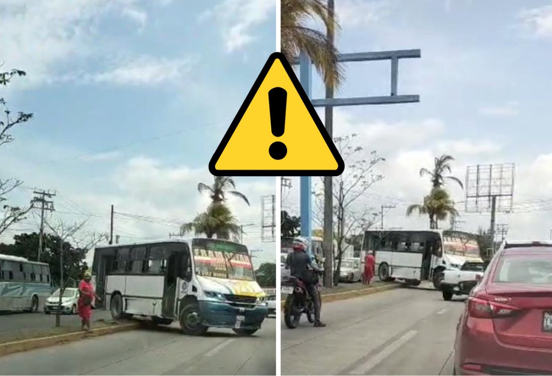 Autobús de la ruta Framboyan se sube al camellón en Paseo Ejército Nacional de Boca del Río