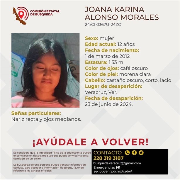 Alertan por desaparición de la niña Joana Karina Alonso de 12 años en Veracruz