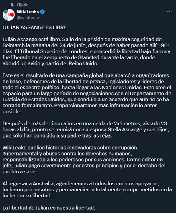 Julian Assange deja la cárcel; habría logrado acuerdo con EE.UU.