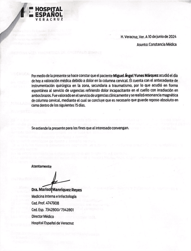 Yunes Márquez advierte que no asistirá a las audiencias; reafirma estado de salud