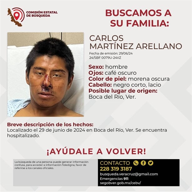 Urge localizar a la familia de Carlos Martínez Arellano, está hospitalizado en Veracruz