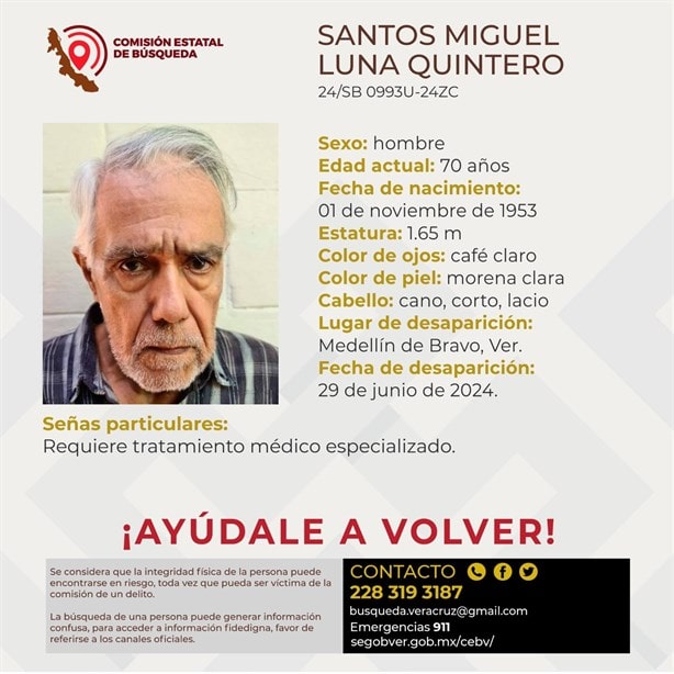 Desaparece adulto mayor en Medellín de Bravo; piden apoyo para localizarlo