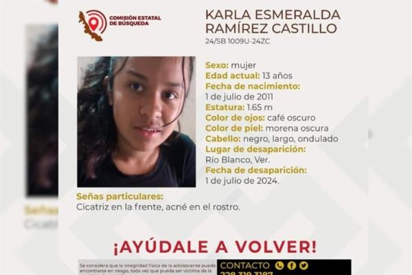 Reportan como desaparecida a Karla Esmeralda, de 13 años, en Río Blanco