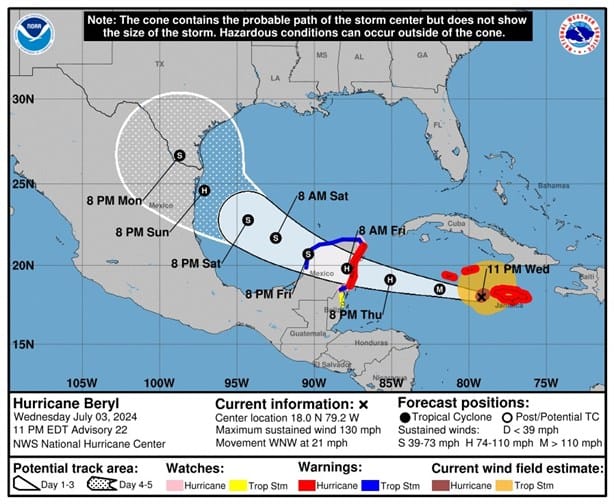 Alertan por ingreso de huracán Beryl al Golfo de México este viernes 05 de julio