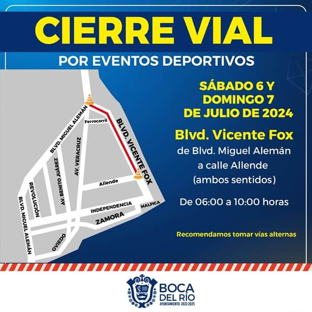 Estos son los cierres viales en Boca del Río este 06 y 07 de julio por eventos deportivos