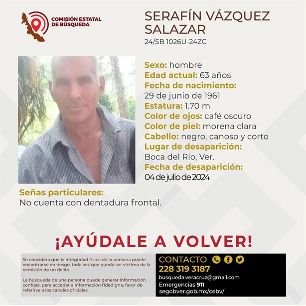 Desaparece el señor Serafín Vázquez Salazar en Boca del Río, Veracruz