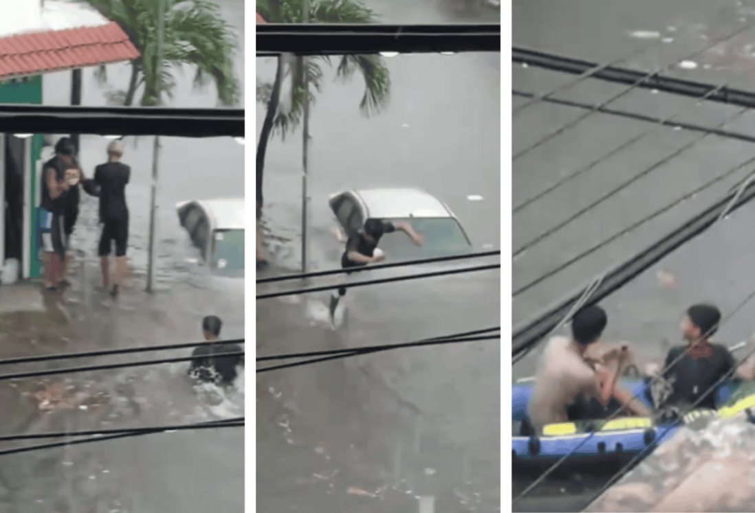 Jóvenes se tiran clavados y reman en balsas en calles inundadas de Veracruz | VIDEO