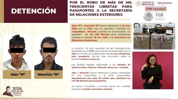 Detienen a dos hombres por el robo de más de 6 mil pasaportes en blanco en carretera México - Veracruz