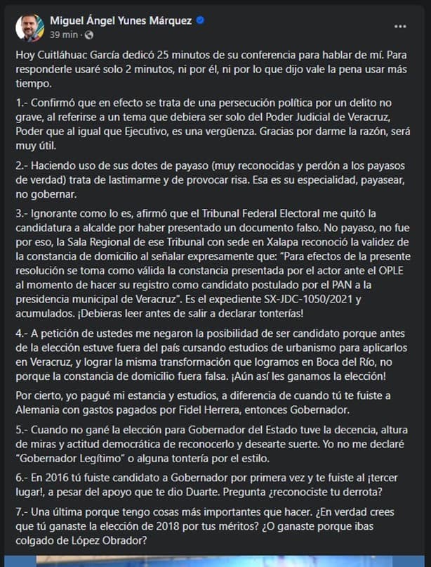 ¿Ya no está malito? Miguel Ángel Yunes Márquez reacciona y reitera persecución