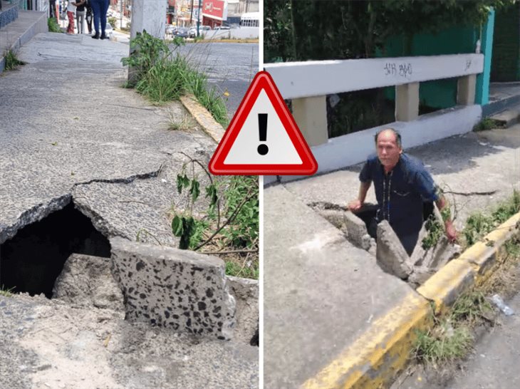 Reportan socavón gigante en la avenida 20 de Noviembre en Xalapa; es riesgo latente para transeúntes 