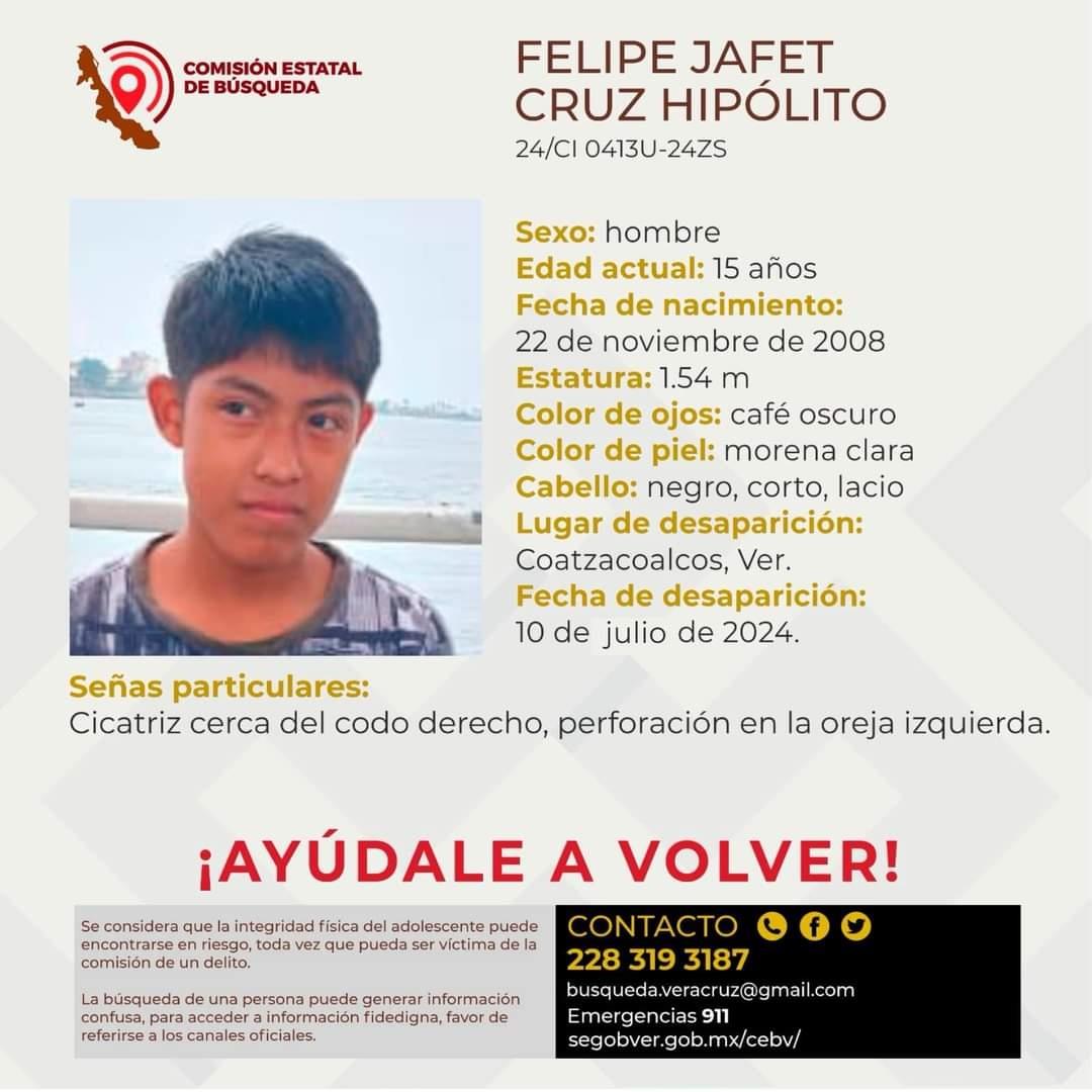 Felipe Jafet de 15 años lleva casi una semana desaparecido en Coatzacoalcos