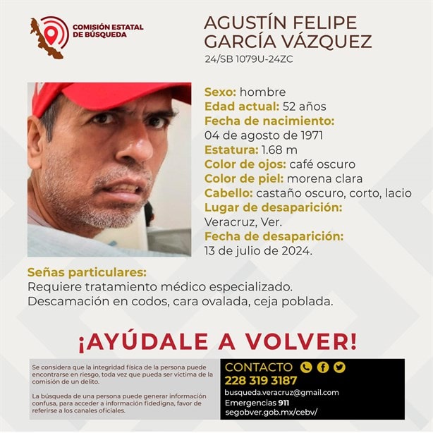 Buscan a Agustín Felipe en la ciudad de Veracruz; requiere tratamiento médico