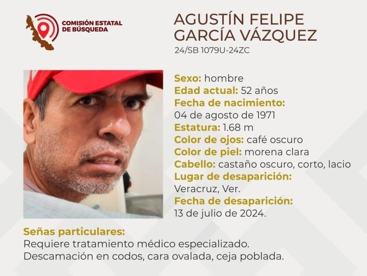Buscan a Agustín Felipe en la ciudad de Veracruz; requiere tratamiento médico