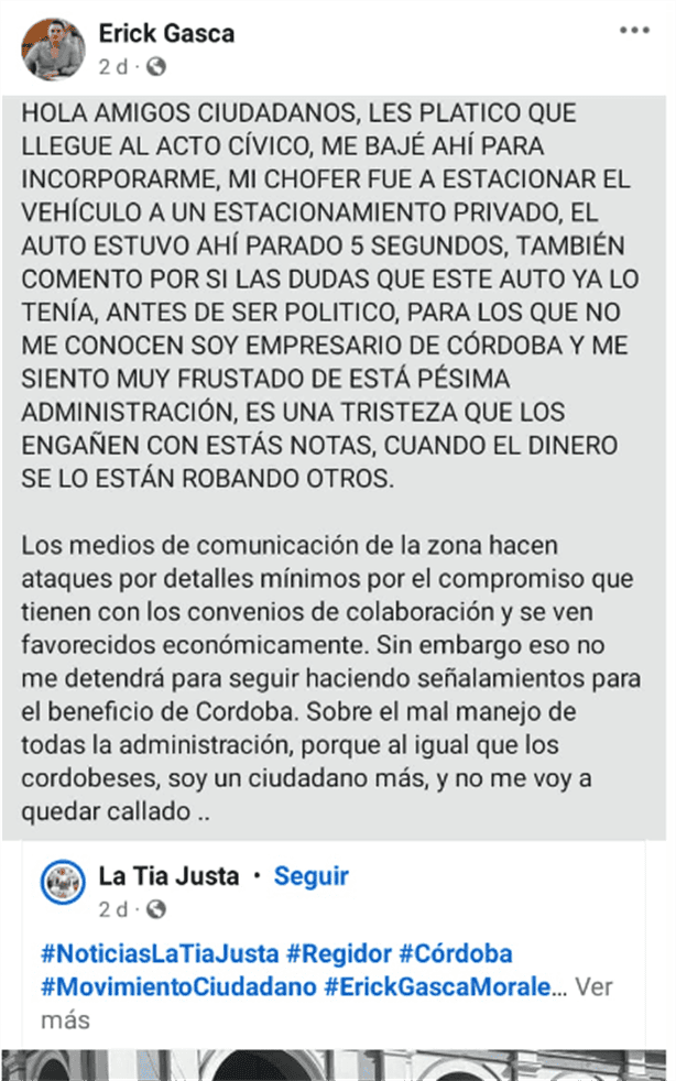 Regidor de Córdoba por MC, insulta a periodista La tía Justa por exhibirlo estacionándose en un lugar prohibido