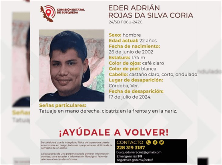 Reportan a joven desaparecido en Córdoba; tiene 22 años ¿lo haz visto?