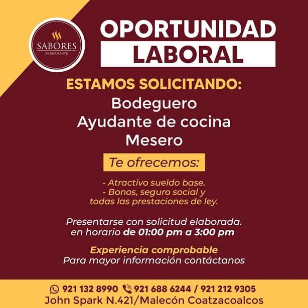 Restaurante de Coatzacoalcos ofrece diferentes vacantes; REQUISITOS