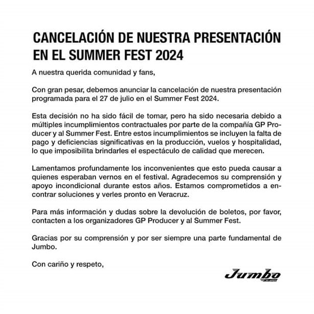 Jumbo cancela su presentación en el Summer Fest 2024 de Veracruz