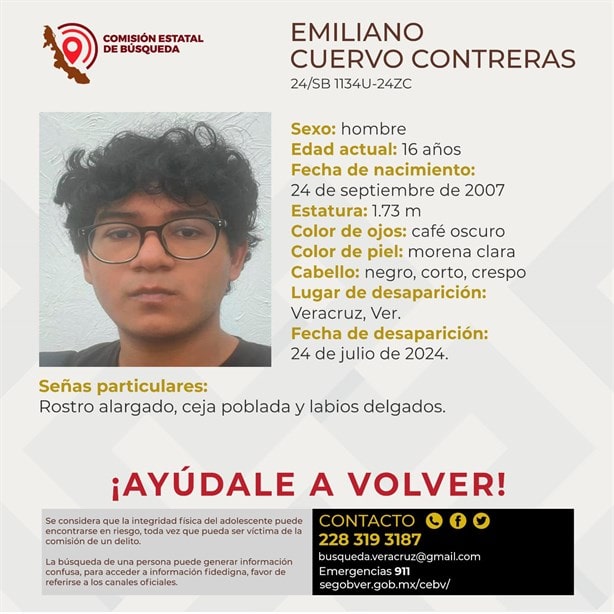 Emiliano Cuervo de 16 años, desapareció en la ciudad de Veracruz